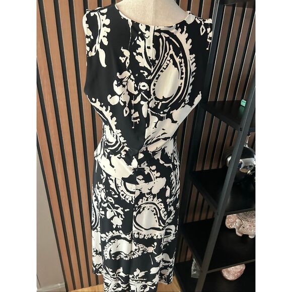 LAUREN RALPH LAUREN Midi Dress Women SZ 10 Black White Paisley Sleeveless V-Neck - Picture 4 of 7